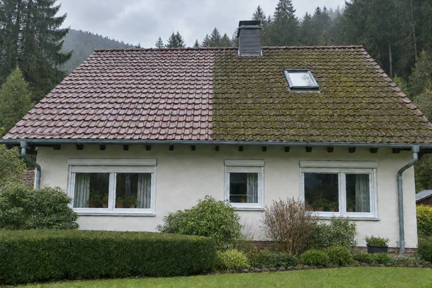 Moosentfernung: halbes Dach bereits abgebürstet (Brilon, Hochsauerlandkreis)