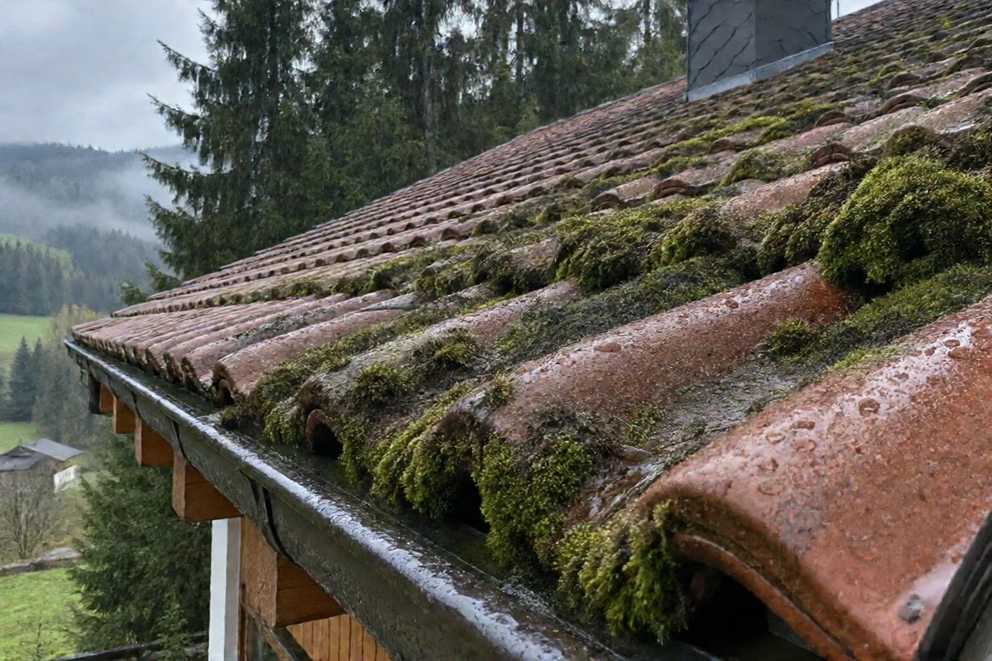 Wassertropfen perlen von imprägnierten Dachziegeln ab (Gera)