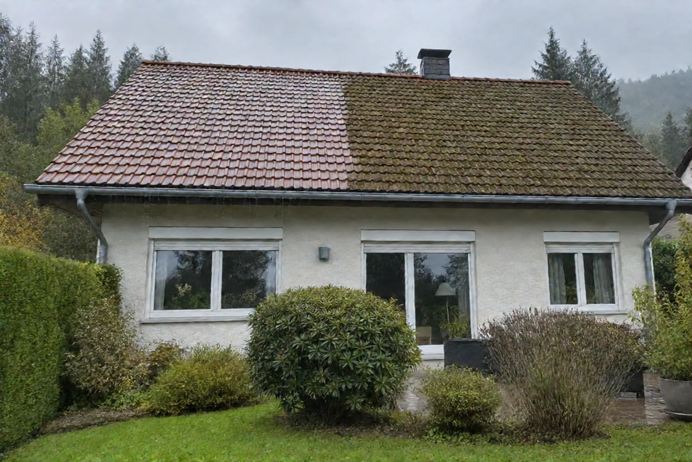 Nach dem Abspülen: halbes Dach schon sauber (Bolanden, Donnersbergkreis)